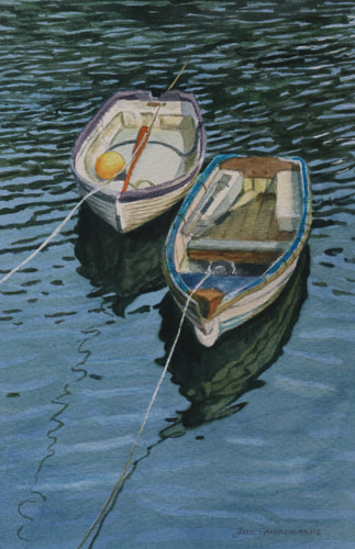 Wood boats in water watercolour painting.