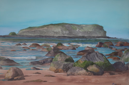 Watercolour seascape of Fingal Beach and Cook Island, New South Wales.