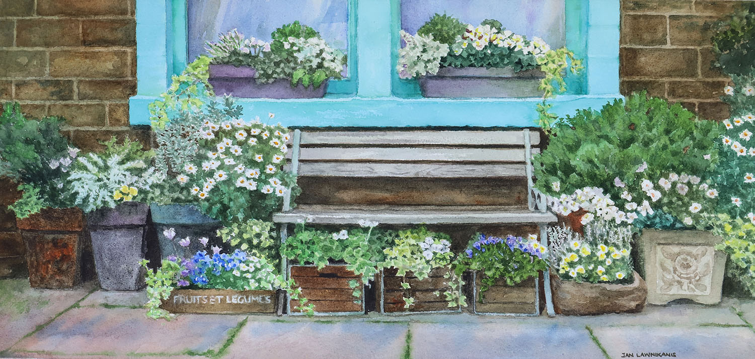 Wooden bench seat below a window, surrounded by potted plants. Watercolour painting.