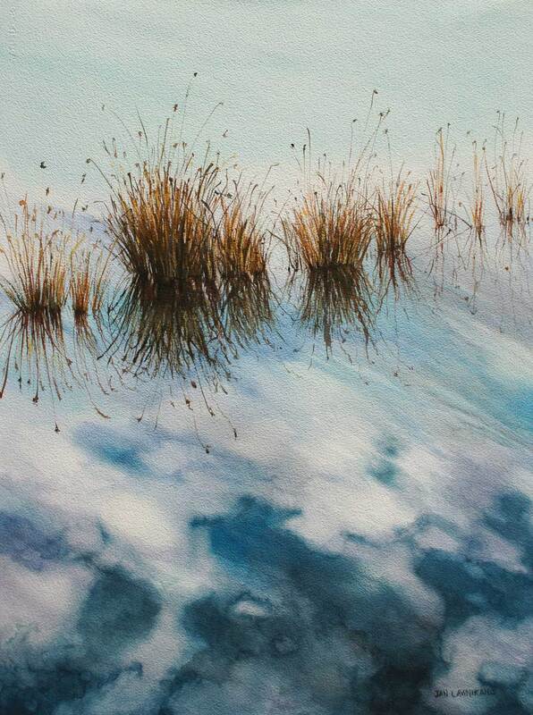 Reeds in water with cloud reflections. Watercolour painting.