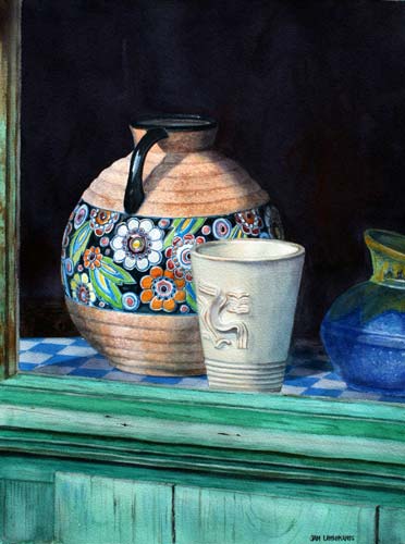 Pottery pieces in a window watercolour painting.