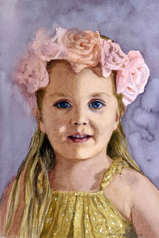 Young pretty girl wearing a rose headband. Watercolour painting.