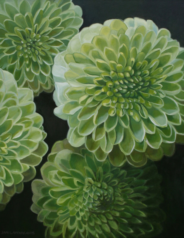 Green small chrysanthemums on canvas, acrylic