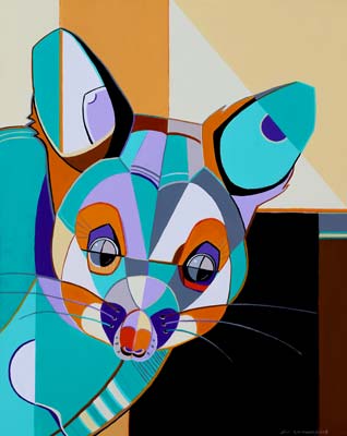 Brushtail possum acrylic painting, geometric style