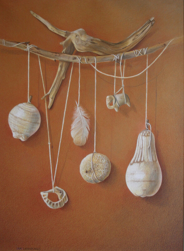 White objects, still-life, colour pencil