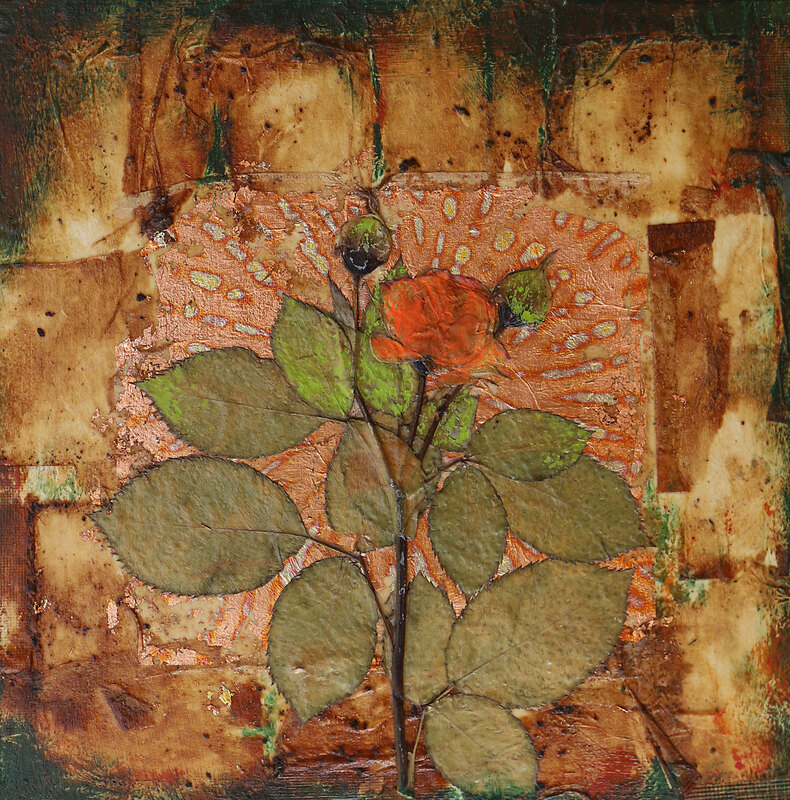 Teabag collage, pressed flower and painting
