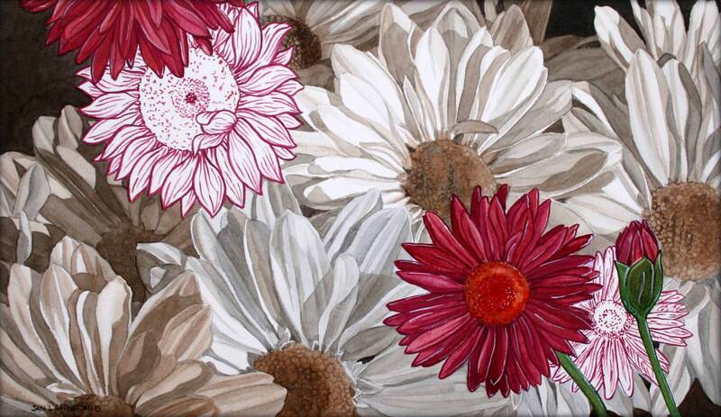 Monochromatic daisies, watercolour painting.