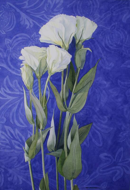 Lisianthus on blue background, watercolour